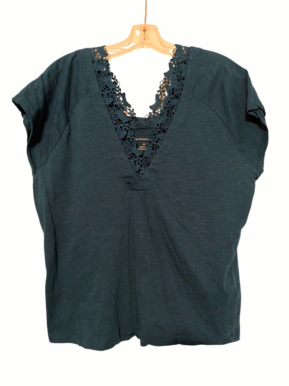Anthropologie Lace-Trim V-Neck Tee in Dark Teal